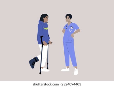 A young character with a fractured leg using crutches and hard shell boot to walk, a checkup appointment with a doctor