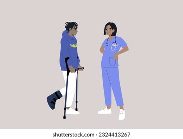 Un personaje joven con una pierna fracturada usando muletas y funda dura para caminar, una consulta con un médico