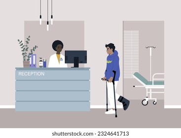 A young character with a fractured leg using crutches and hard shell boot to walk, a checkup appointment at the clinics