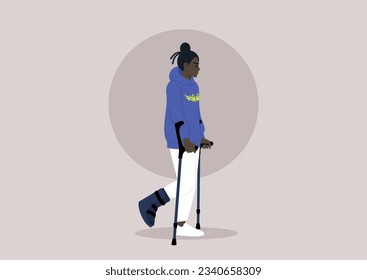 A young character with a fractured leg using crutches and hard shell boot to walk, a checkup appointment with a doctor