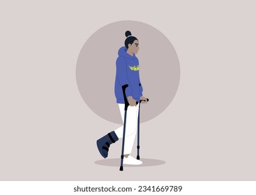 A young character with a fractured leg using crutches and hard shell boot to walk, a checkup appointment with a doctor
