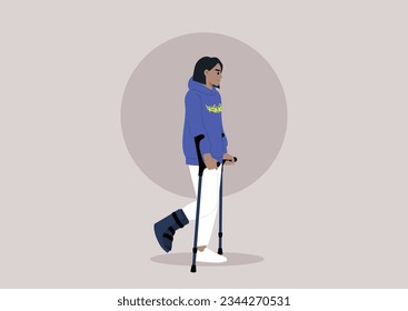 A young character with a fractured leg using crutches and hard shell boot to walk, a checkup appointment with a doctor