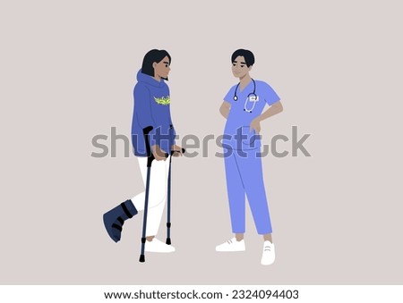 A young character with a fractured leg using crutches and hard shell boot to walk, a checkup appointment with a doctor