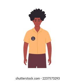 Young character with gender pronoun pin. She, he, they, non-binary. Gender-neutral movement. LGBTQ community. Hand drawn vector illustration