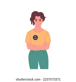 Young character with gender pronoun pin. She, he, they, non-binary. Gender-neutral movement. LGBTQ community. Hand drawn vector illustration