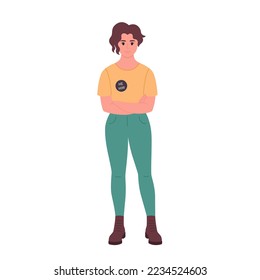 Young character with gender pronouns pin. She, he, they, non-binary. Gender-neutral movement. LGBTQ community. Hand drawn vector illustration