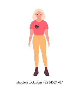 Young character with gender pronouns pin. She, he, they, non-binary. Gender-neutral movement. LGBTQ community. Hand drawn vector illustration