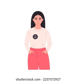 Young character with gender pronouns pin. She, he, they, non-binary. Gender-neutral movement. LGBTQ community. Hand drawn vector illustration