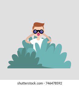 Young Character Hiding In The Bushes And Looking Through Binoculars. Spying, Conceptual Illustration. Special Agent. Secret Mission. Sneak Peek. Flat Vector Illustration, Clip Art