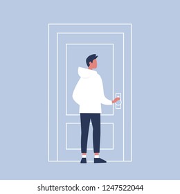 Young character holding a door knob. Entering the building. Flat editable vector illustration, clip art