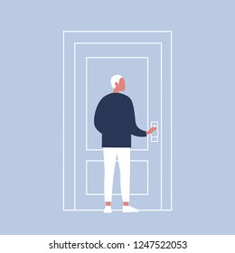 Young character holding a door knob. Entering the building. Flat editable vector illustration, clip art