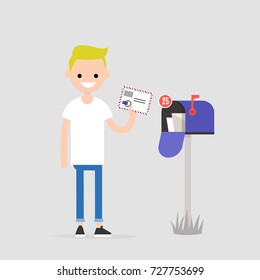 Young character holding an envelope with the stamps. Paper letter. Correspondence / flat editable vector illustration, clip art