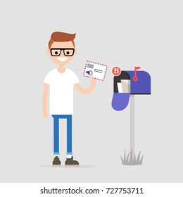 Young character holding an envelope with the stamps. Paper letter. Correspondence / flat editable vector illustration, clip art
