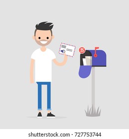 Young character holding an envelope with the stamps. Paper letter. Correspondence / flat editable vector illustration, clip art