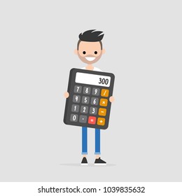 Young character holding a giant calculator. Math. Education. Business. Flat editable vector illustration, clip art