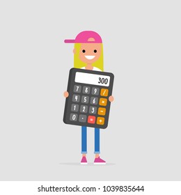 Young character holding a giant calculator. Math. Education. Business. Flat editable vector illustration, clip art