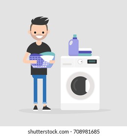 Young character holding a laundry basket. Laundromat. Detergent. Daily chores concept. Flat editable vector illustration, clip art