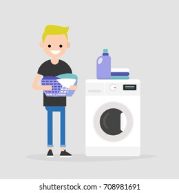 Young character holding a laundry basket. Laundromat. Detergent. Daily chores concept. Flat editable vector illustration, clip art