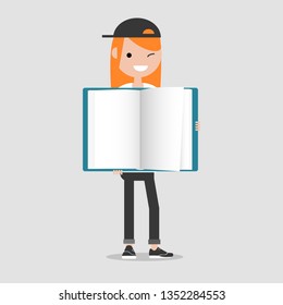 Young character holding open book.Mock up.Flat cartoon design