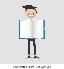 Young character holding open book.Mock up.Flat cartoon design