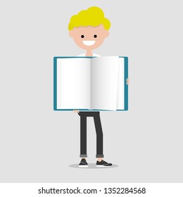 Young character holding open book.Mock up.Flat cartoon design