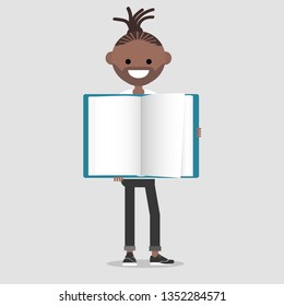 Young character holding open book.Mock up.Flat cartoon design