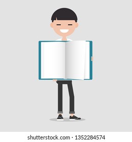 Young character holding open book.Mock up.Flat cartoon design