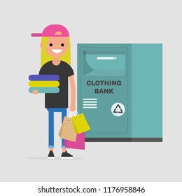 Young character holding a pile of used clothes. Clothing bank. Recycling. Container. Donation. Flat editable vector illustration, clip art
