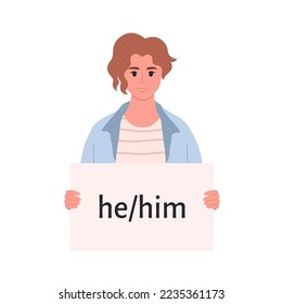 Young character holding sign with gender pronoun. She, he, they, non-binary. Gender-neutral movement. LGBTQ community. Hand drawn vector illustration