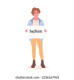 Young character holding sign with gender pronoun. She, he, they, non-binary. Gender-neutral movement. LGBTQ community. Hand drawn vector illustration