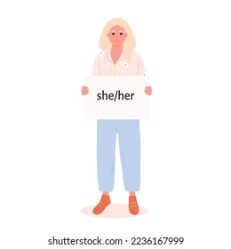 Young character holding sign with gender pronoun. She, he, they, non-binary. Gender-neutral movement. LGBTQ community. Hand drawn vector illustration