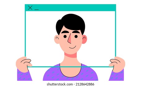 Young character holding virtual window frames. Illustration of conference video call, video call to a friend, study online, business meeting. Colorful flat vector illustration.