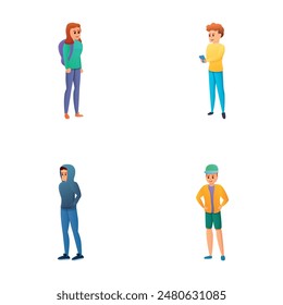 Young character icons set cartoon vector. Guy near girl with phone and backpack. People, human