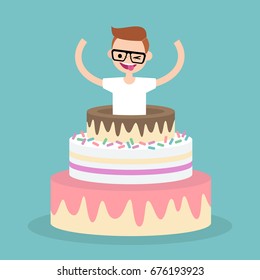 Young character jumping out of a cake, flat editable vector illustration, clip art