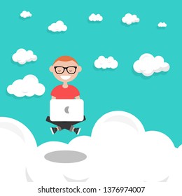 Young character with laptop levitates above the cloud in the sky .Flat modern illustration of working, social networking, elearning and texting using cloud storage