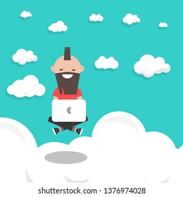 Young character with laptop levitates above the cloud in the sky .Flat modern illustration of working, social networking, elearning and texting using cloud storage