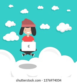 Young character with laptop levitates above the cloud in the sky .Flat modern illustration of working, social networking, elearning and texting using cloud storage