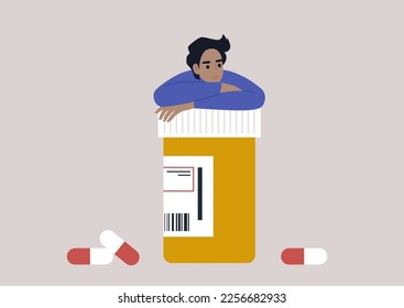 A young character leaning on a pill bottle with prescription drugs, medical treatment