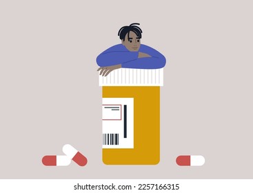 A young character leaning on a pill bottle with prescription drugs, medical treatment