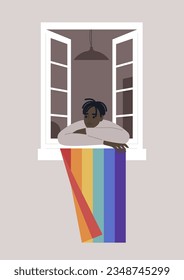 Un personaje joven que se inclina en la ventana, la vibrante bandera LGBTQ se exhibe orgullosamente cerca, simbolizando un paso significativo en su viaje de salir y abrazar su auténtico yo