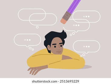 Um jovem personagem se apoia em seus braços, perdido em pensamento, enquanto um apagador parece apagar suas ideias girando, representando a luta contra o pensamento excessivo em um ambiente sereno