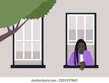 A young character leans thoughtfully against the windowsill, observing the world outside as soft sunlight filters through the leaves of a nearby tree