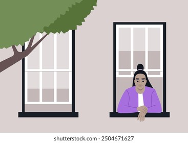A young character leans thoughtfully against the windowsill, observing the world outside as soft sunlight filters through the leaves of a nearby tree