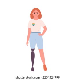 Young character with LGBTQ pin. She, he, they, non-binary. Gender-neutral movement. LGBTQ community. Woman with physical disability. Hand drawn vector illustration