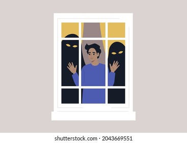 A young character locked inside their home with monsters behind their back, panic attack concept, mental health issues