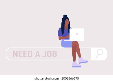 Joven personaje buscando trabajo. Necesita un trabajo en la barra de búsqueda. Ilustración de vector plana colorida
