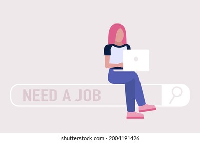 Young character looking for a for job. Need a job on the search bar. Colorful flat vector illustration