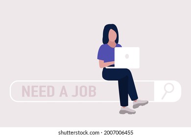 Young character looking for a for job. Need a job on the search bar. Colorful flat vector illustration