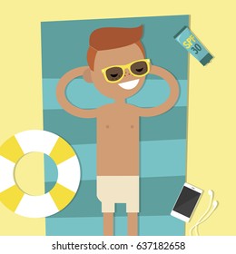 Young character lying on the beach. Top view / flat editable vector illustration, clip art