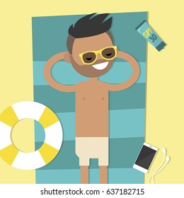 Young character lying on the beach. Top view / flat editable vector illustration, clip art